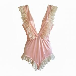 Vintage 80s Lady Cameo Pink Nylon Lace Teddy Bodysuit Coquette Lingerie Med